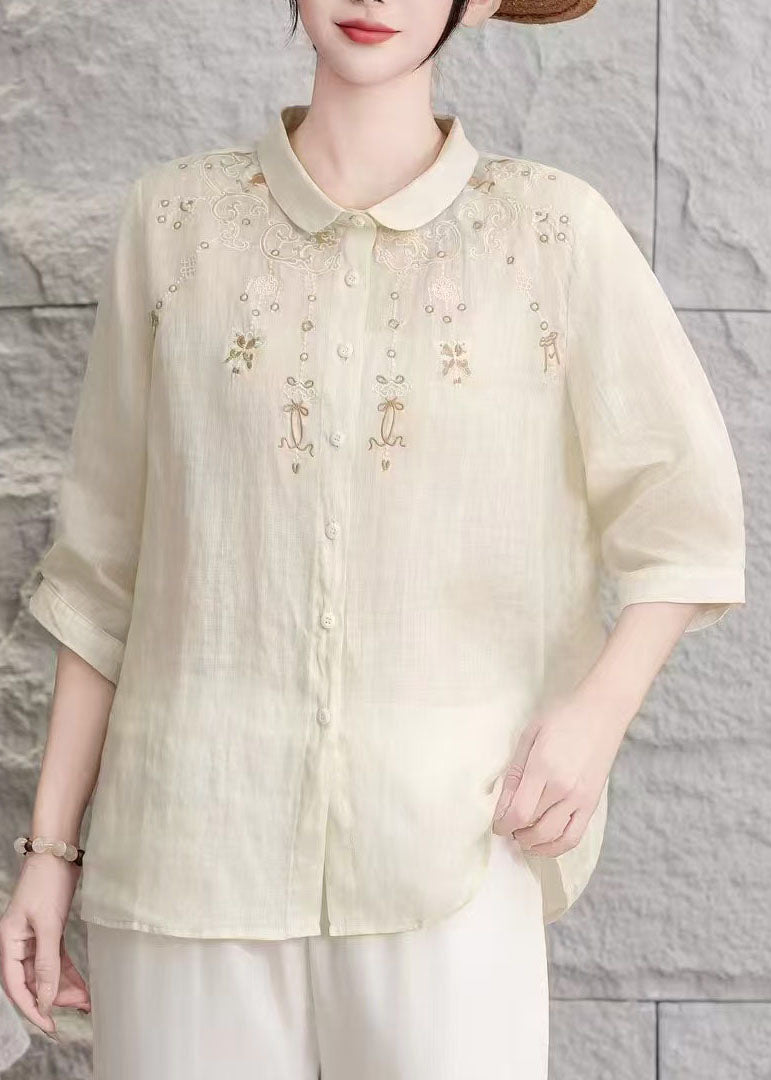 Yellow Peter Pan Collar Embroidered Linen Blouse Top Summer