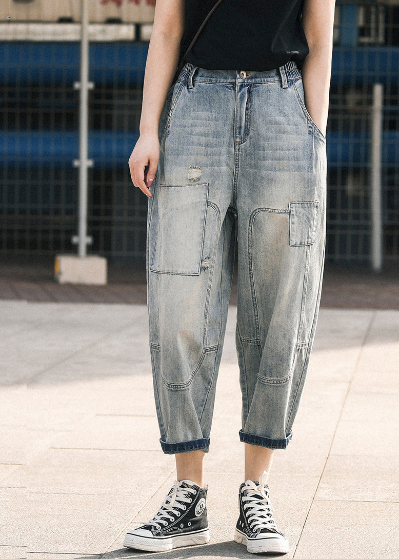 Blue Oversized Patchwork Applique Denim Ripped Pants Summer