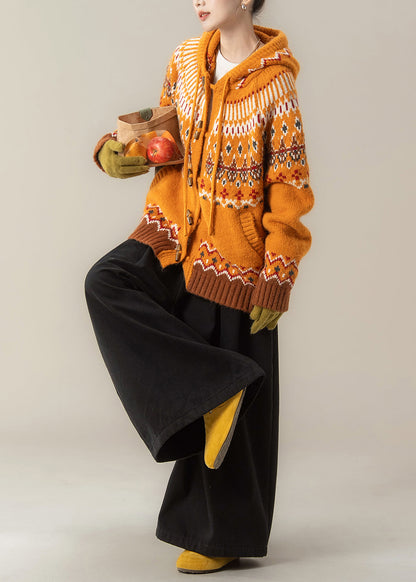 Stylish Orange Jacquard Hooded Knit Coat and Wide Leg Pants Two Pieces Set Fall