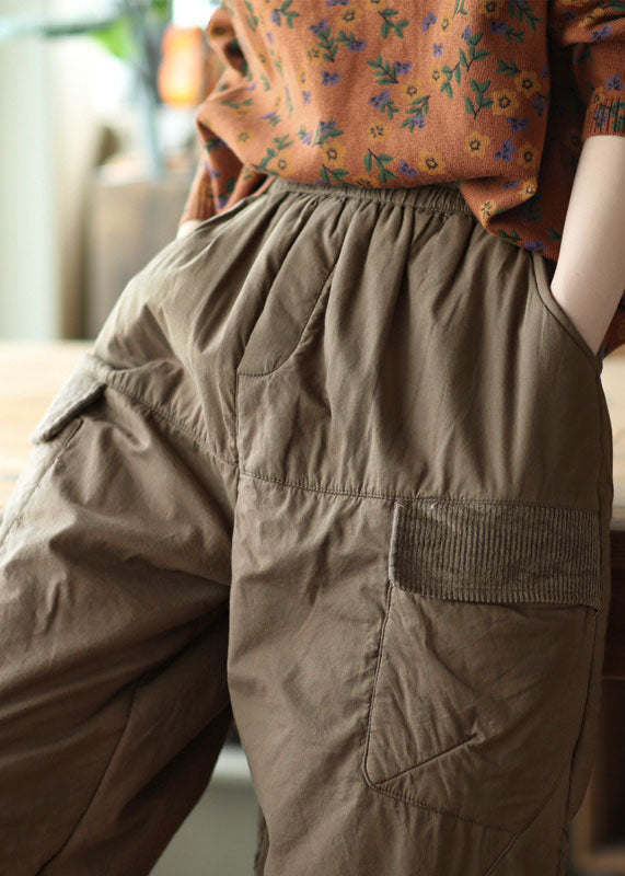 Khaki Elastic Waist Patchwork Fine Cotton Filled Harem Pants Winter