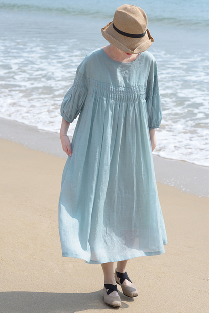 Summer Pleated Cotton Linen Dress Loose Puff Sleeve Long Dress