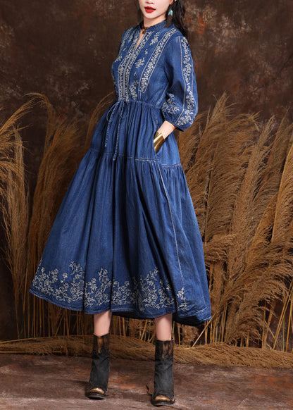 Fitted Navy V Neck Embroidered Patchwork Elastic Waist Maxi Denim Dresses Half Sleeve