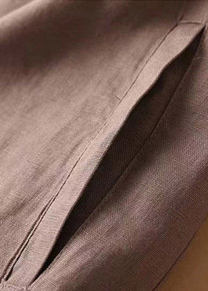 Brown Pockets Elastic Waist Button Linen Straight Pants Summer
