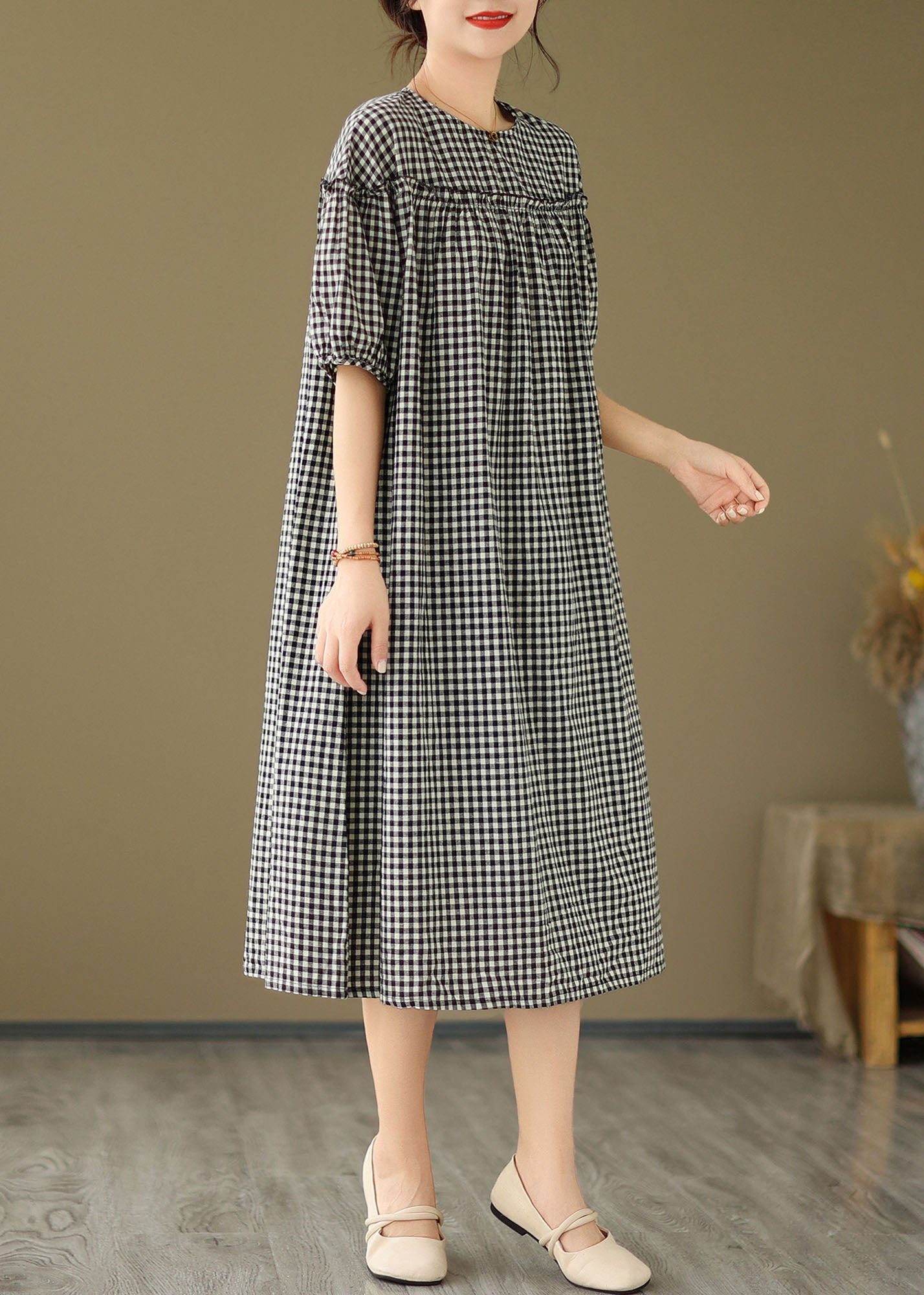 Black O Neck Plaid Ruffled Patchwork Cotton Dress Summer