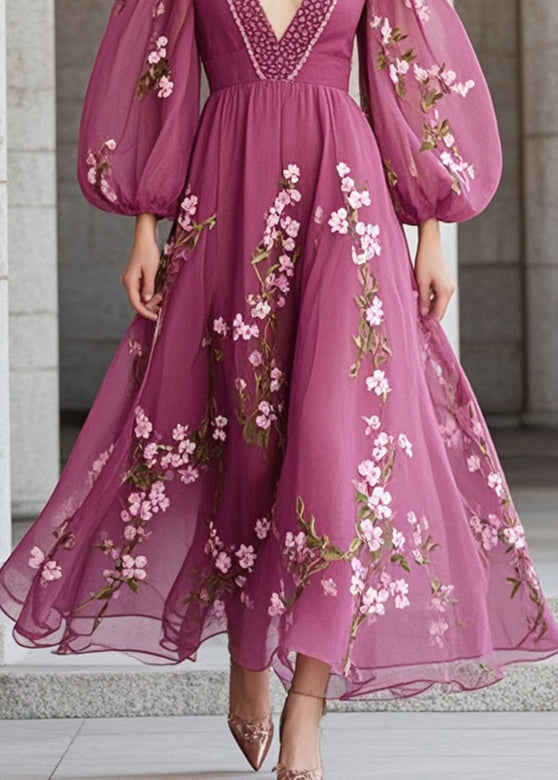 Purple Print Chiffon Party Dress Lantern Sleeve