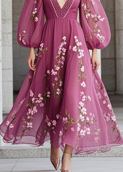 Purple Print Chiffon Party Dress Lantern Sleeve