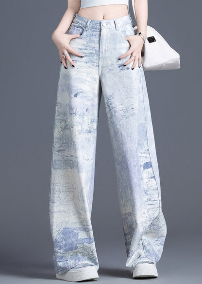 Stylish Blue Pockets Tie Dye Cotton Straight Pants Spring