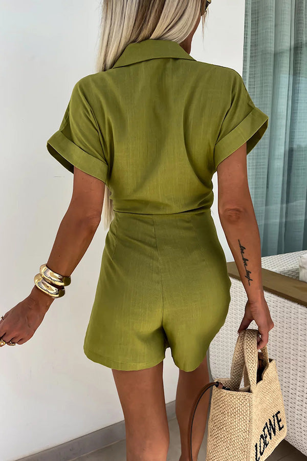 Relaxing Beach Linen Blend Color Wrap Loose Shirt Romper