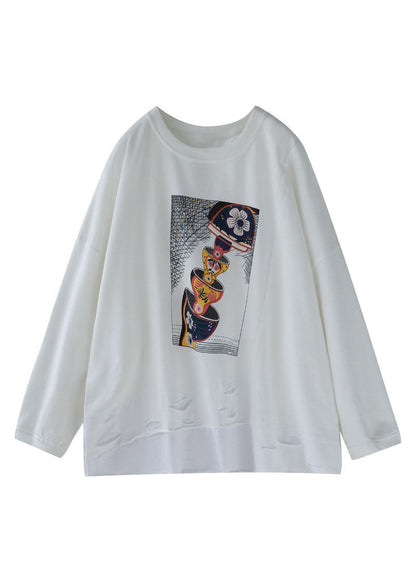 White O-neck Hole Print Cotton Pullover Sweatshirt Long Sleeve