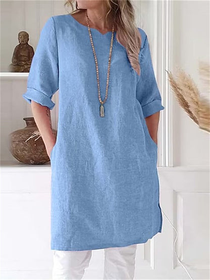 Round Neck Cotton Linen Comfortable Color A-line Dress