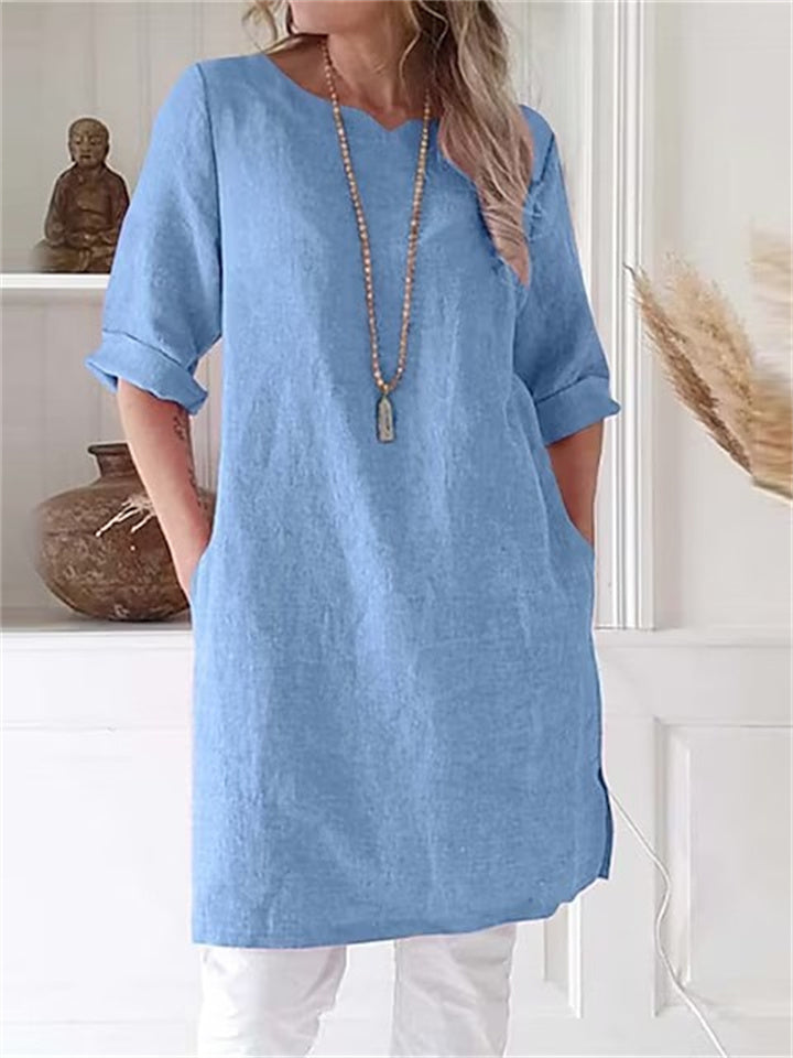 Round Neck Cotton Linen Comfortable Color A-line Dress