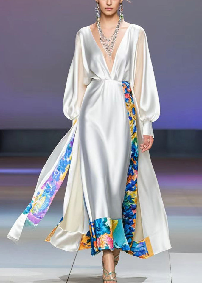 White Deep-v Neck Patchwork Print Silk Vacation Dress Fall