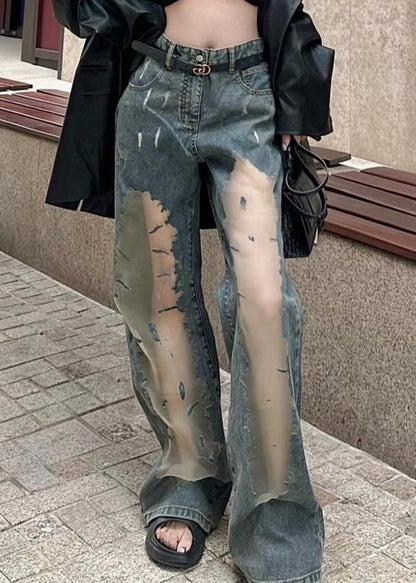 Blue Hollow Out Patchwork Tulle Denim Straight Pants Spring
