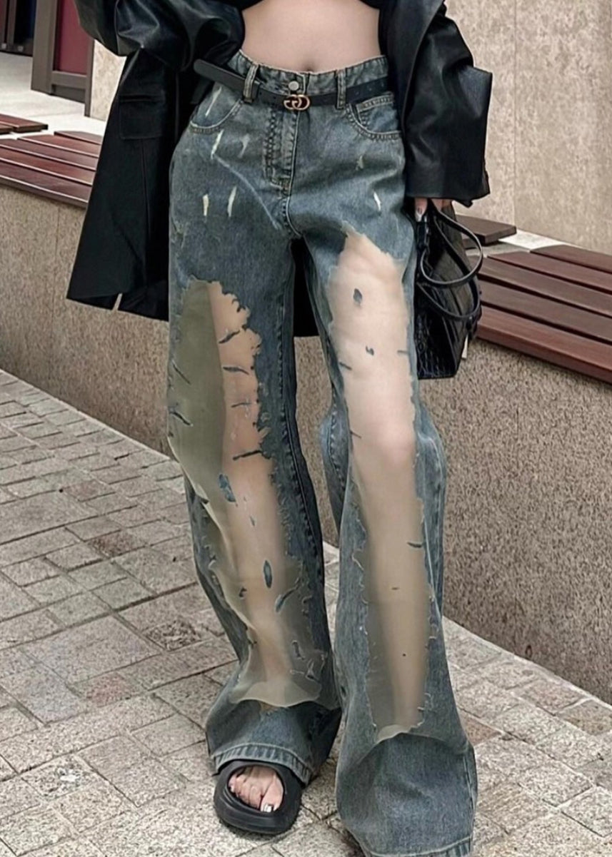Blue Hollow Out Patchwork Tulle Denim Straight Pants Spring