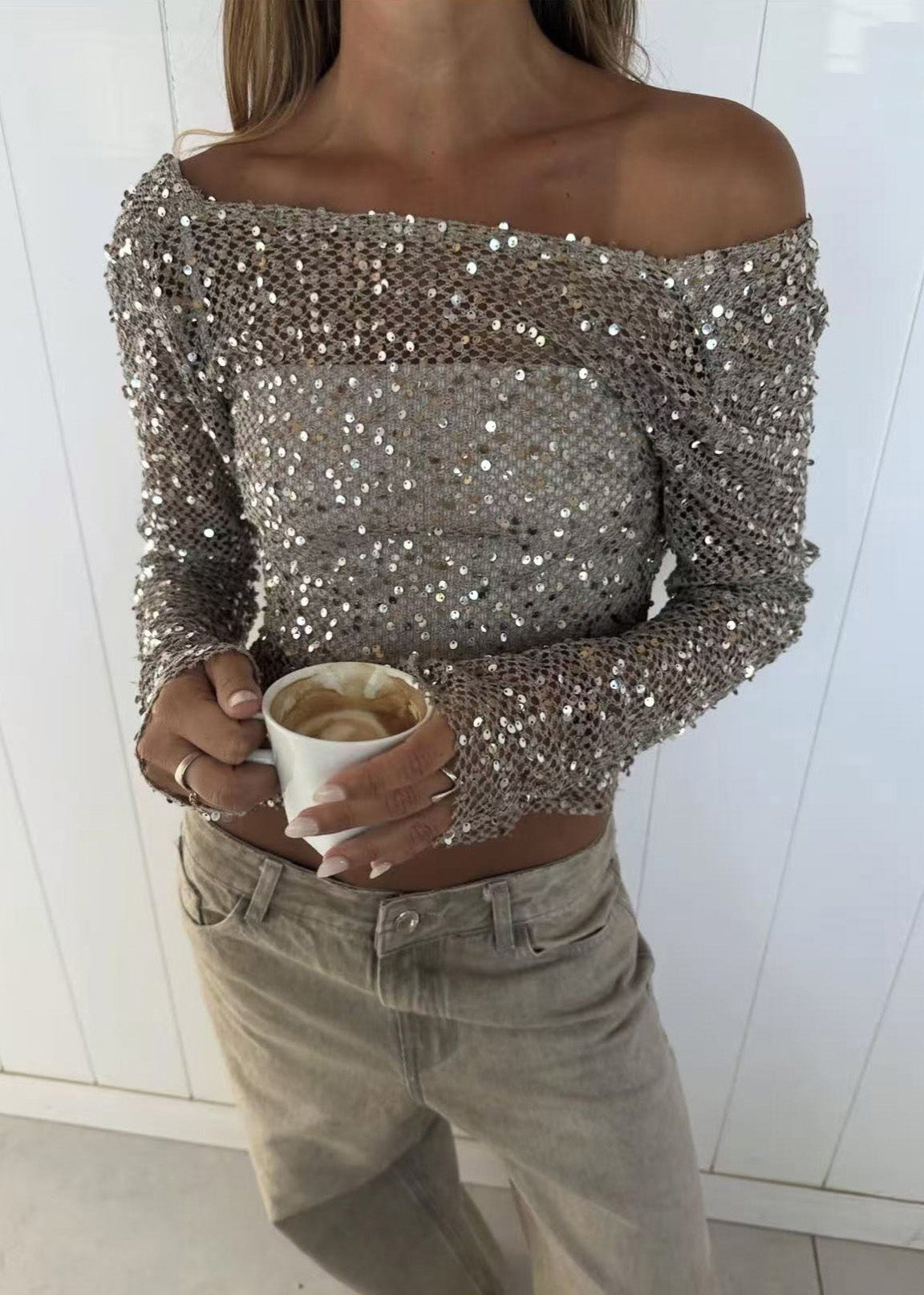 Khaki Pearl Fishing Net Two Ways to Wear Long Sleeved Top