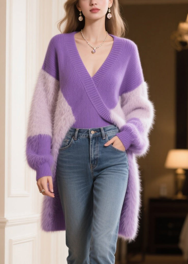 Purple V Neck Patchwork Faux Fur Long Sweater Winter