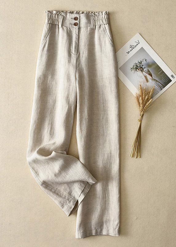 Grey High Waist Button Linen Straigh Pants Summer