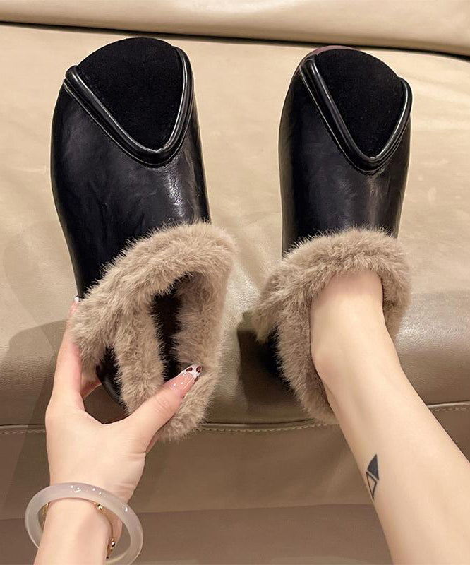 Khaki Comfy Splicing Flat Feet Shoes Fuzzy Wool Lined