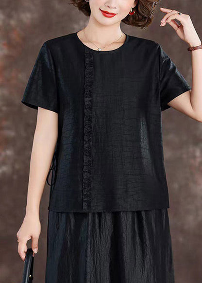 Black Ruffled Patchwork Silk Tops Short Sleeve