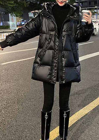 Black Hooded Pockets Fine Cotton Filled Parkas Winter