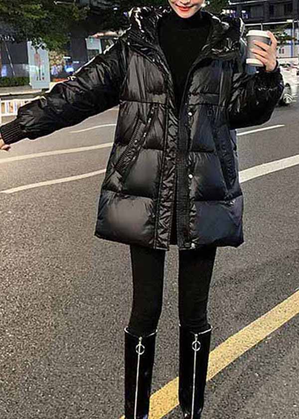 Black Hooded Pockets Fine Cotton Filled Parkas Winter