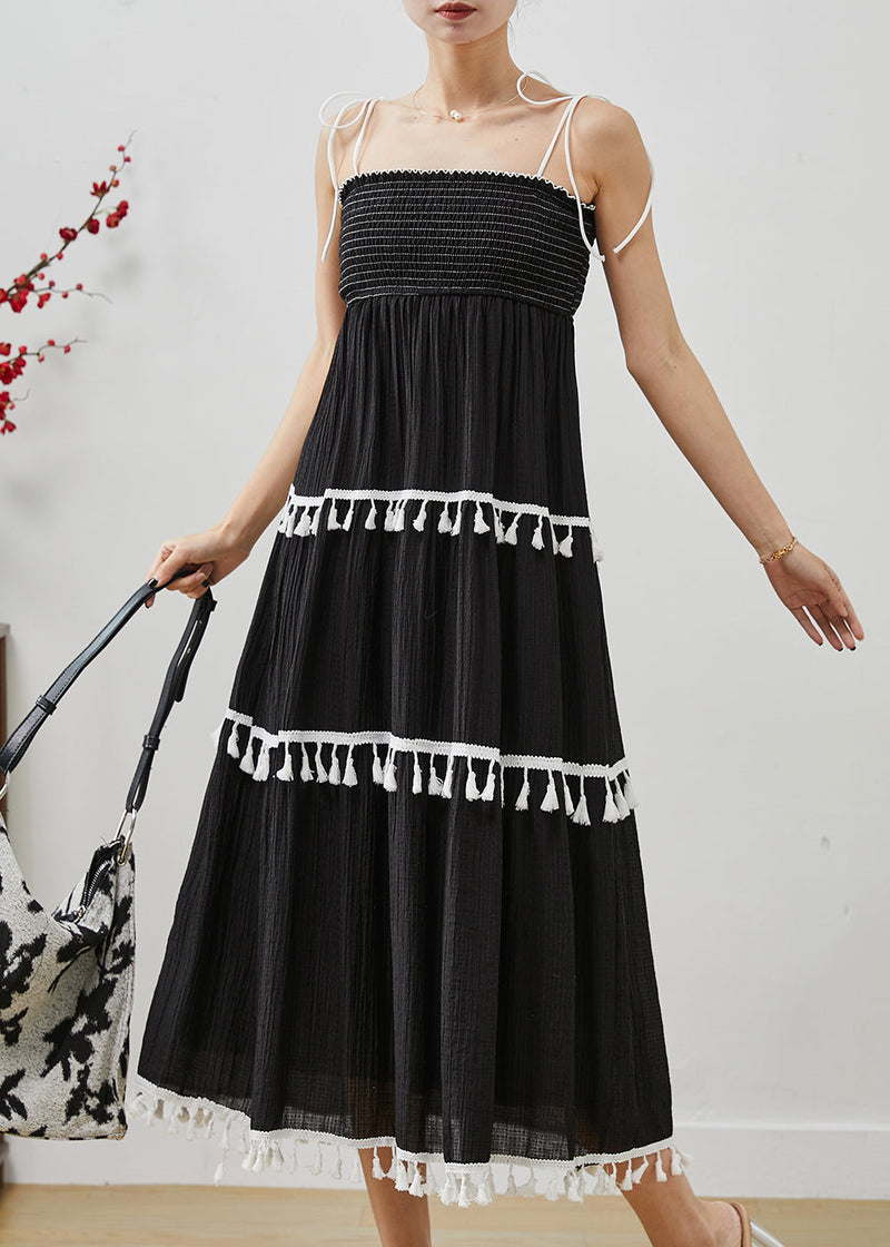 Black Tasseled Cotton Summer Spaghetti Strap Dress