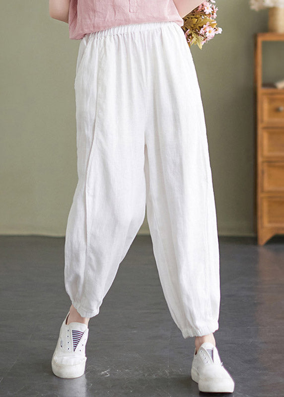 Handmade White Elastic Waist Beam Pants Summer