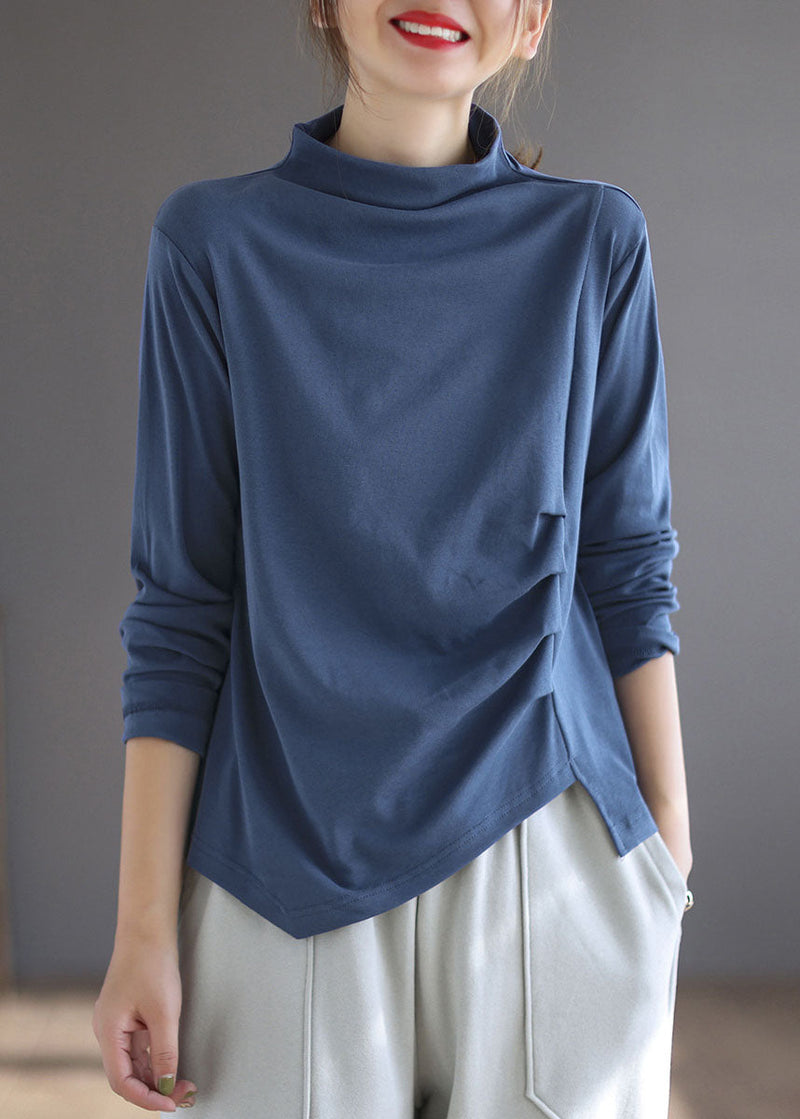 Blue Turtleneck Asymmetrical Design Patchwork Fall Tops