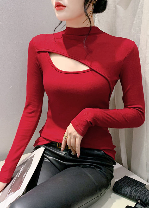 Slim Fit Red Hollow Out Patchwork Thin Warm Fleece Top Spring
