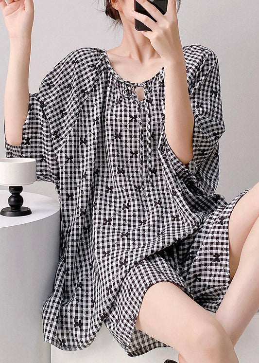 New Black Plaid O-neck Top and Shorts Lingerie Sets Short Sleeve