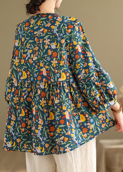 Diy Green Print Cotton a Line Shirt Tops Spring