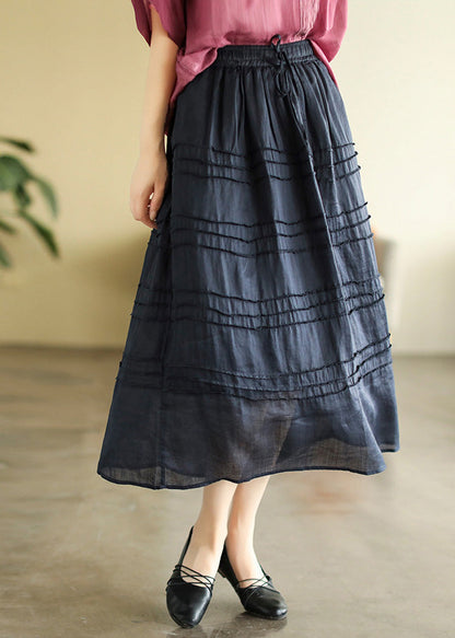 Dark Blue Patchwork Elastic Waist Ramie a Line Skirts