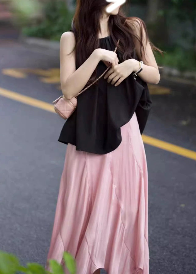 French Asymmetrical Top and Skirts Two Piece Sleeveless Set
