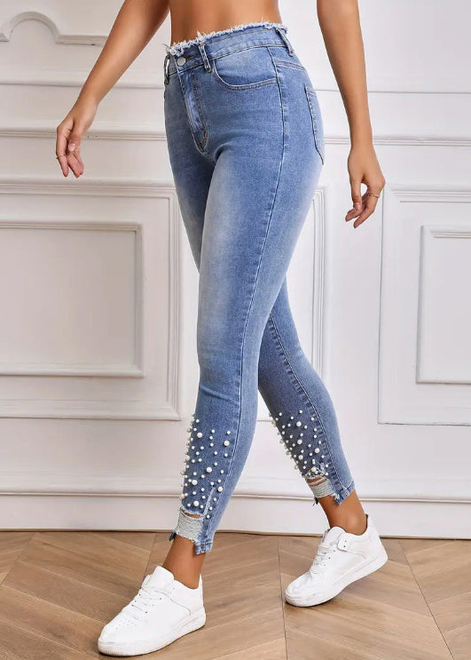 Slim Fit Light Blue Pockets Pearl Denim Pants Summer