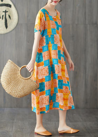 Orange Red Prints Linen Cotton Dresses O Neck Dresses Summer Dresses
