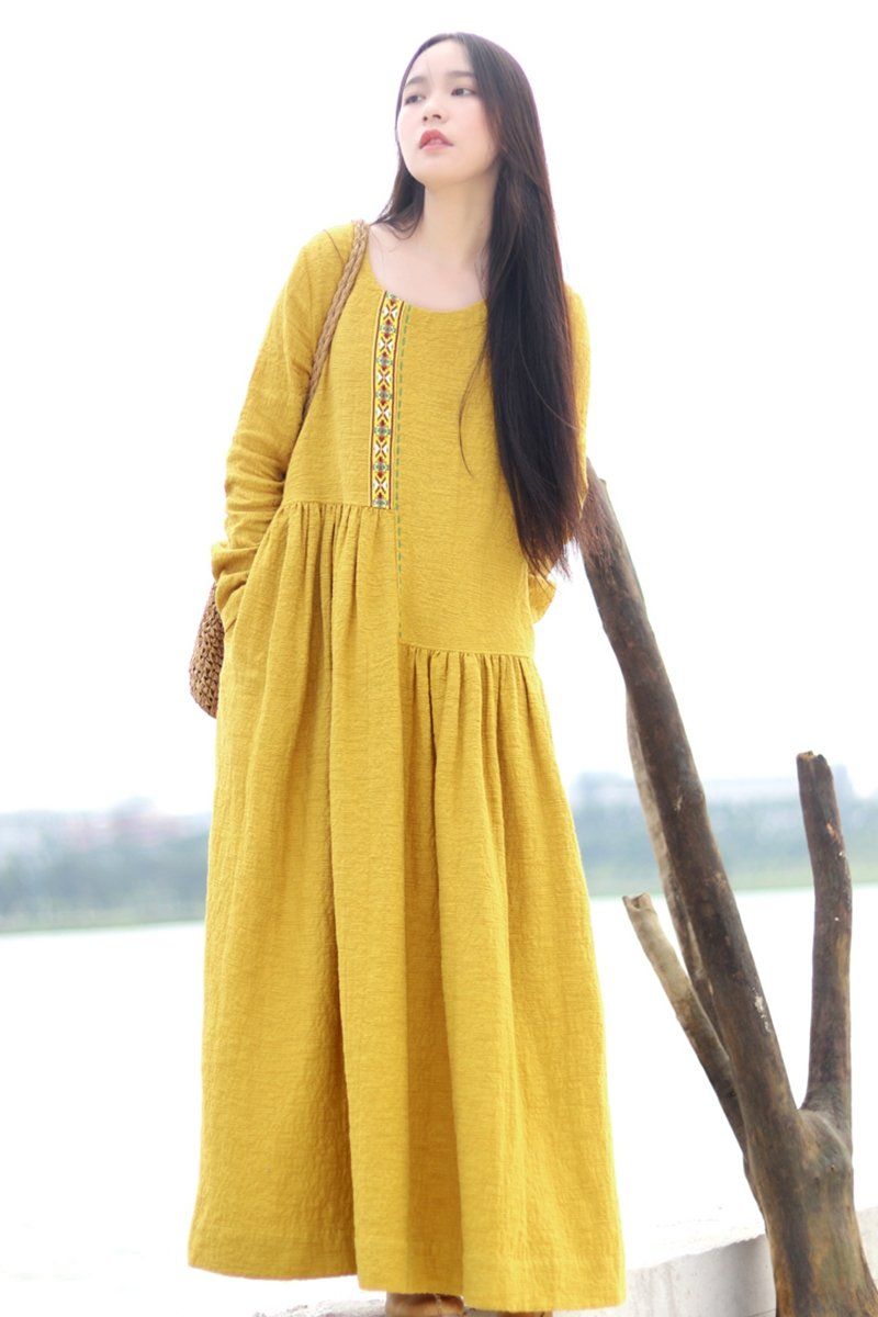 Embroidered Linen Dresses Long Sleeve Linen Caftans Gown for Fall/winter