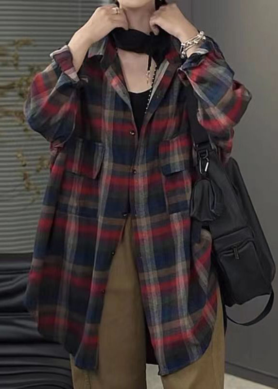 Peter Pan Collar Plaid Pockets Cotton Shirt Tops Fall