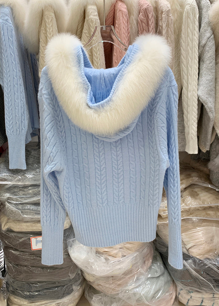 White Zippered Patchwork Hooded Cotton Knit Cardigan Winter