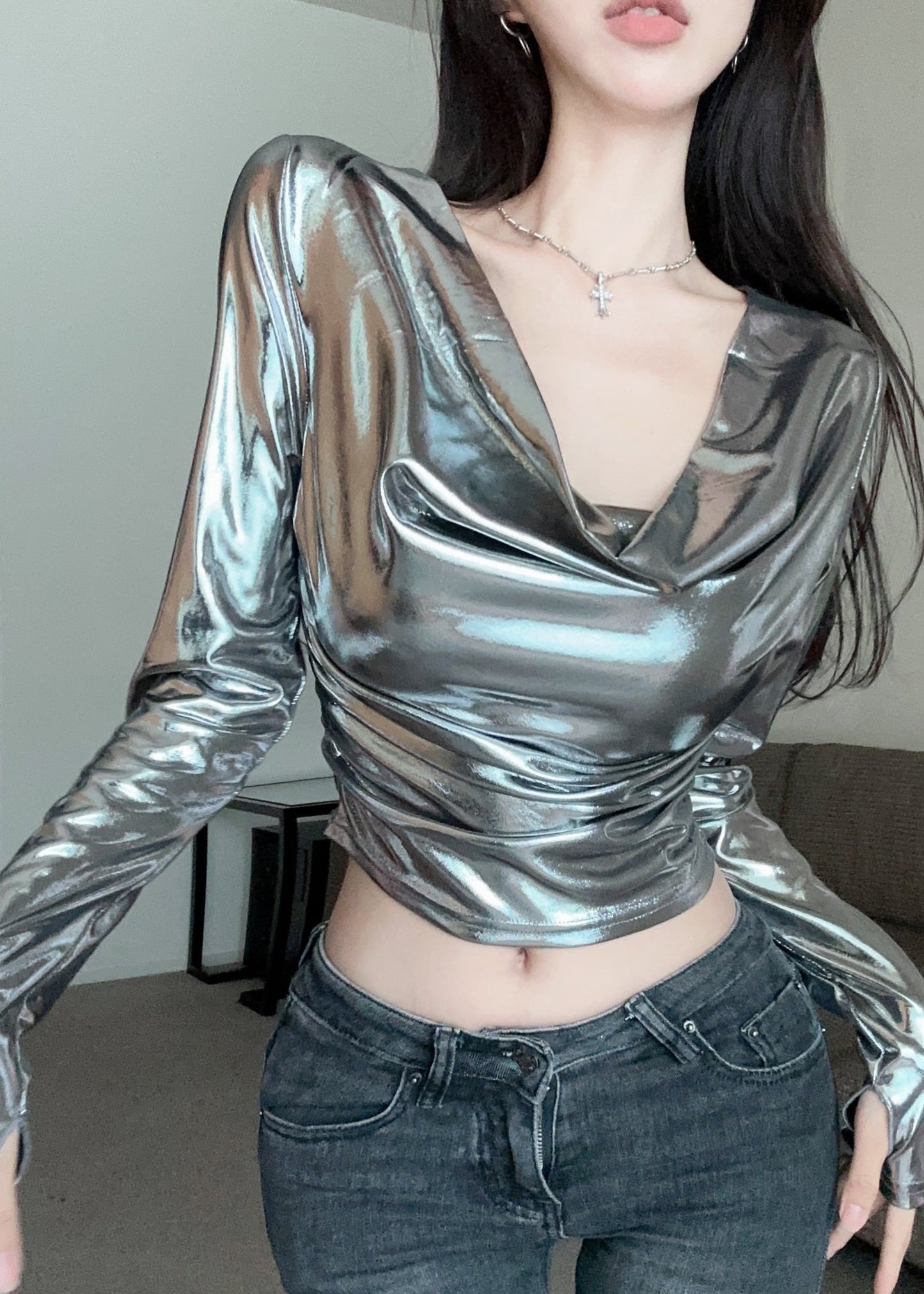 Original Design Silvery Turtle Neck Tops Spring