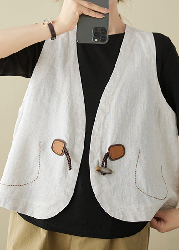 Khaki V Neck Horn Button Cotton Vest Sleeveless