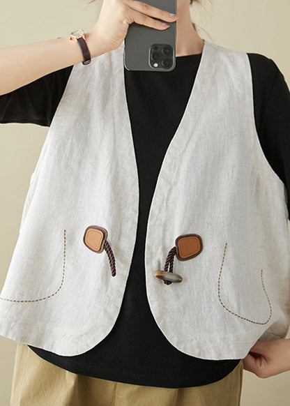 Khaki V Neck Horn Button Cotton Vest Sleeveless