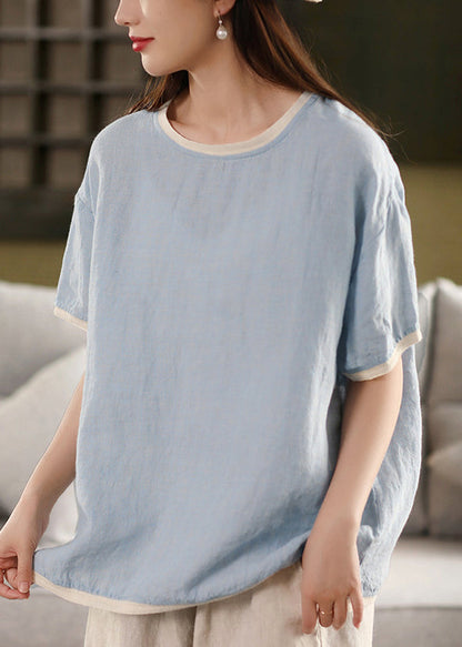 Watermelon Red Button Patchwork Linen Summer T Shirt O Neck