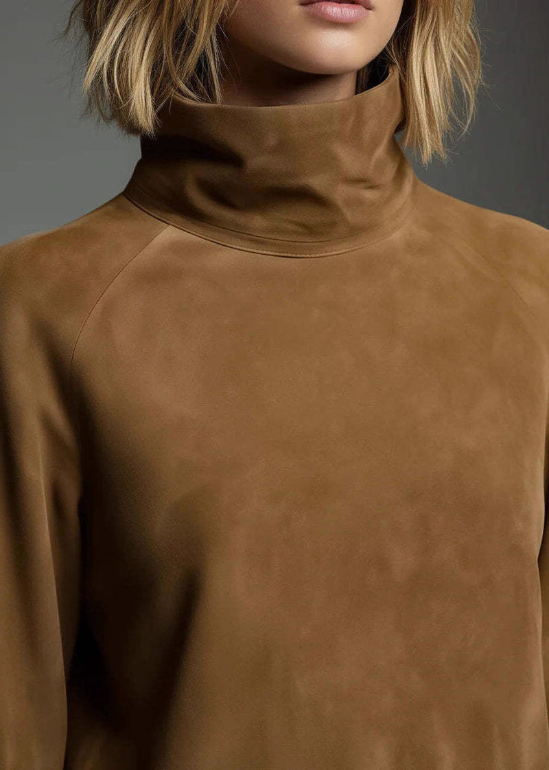 Brown High Neck Faux Suede Mid Dress Lantern Sleeve