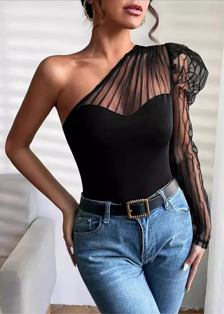 Summer Tulle Patchwork One Shoulder Long Sleeved T-shirt Top