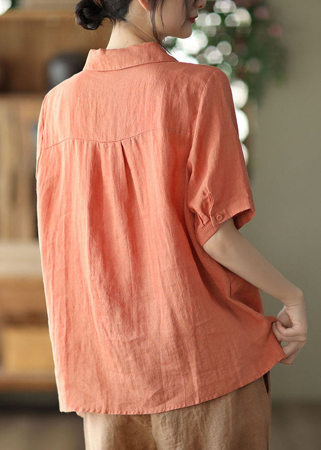Orange Peter Pan Collar Double Breast Linen Shirt Tops Short Sleeve