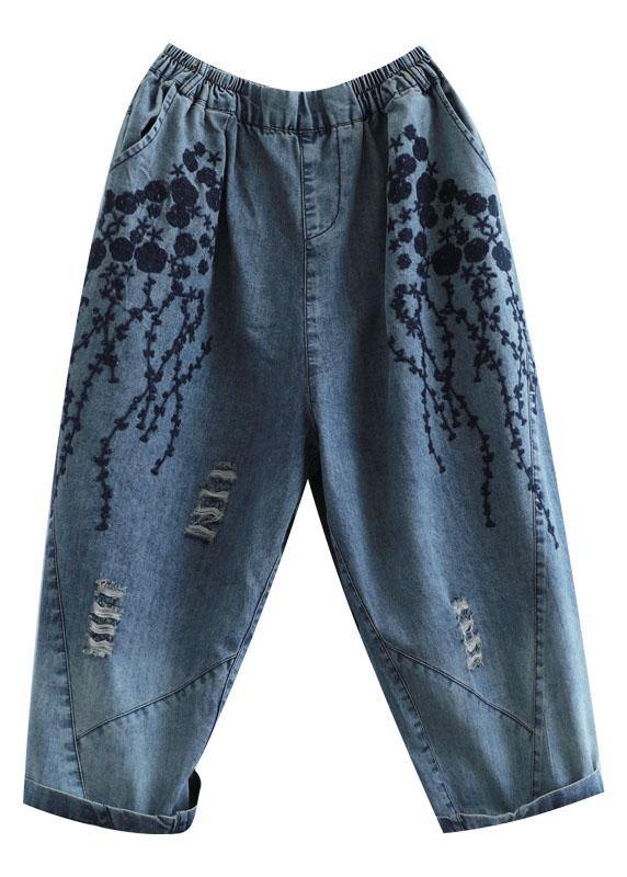 Blue Embroidered Summer Denim Pants