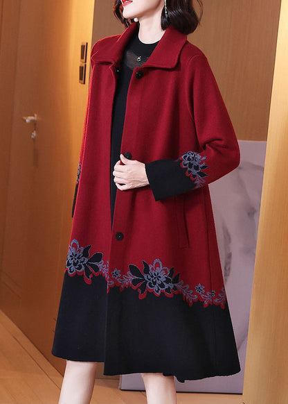 Red Button Print Patchwork Cotton Knit Coats Long Sleeve Fall