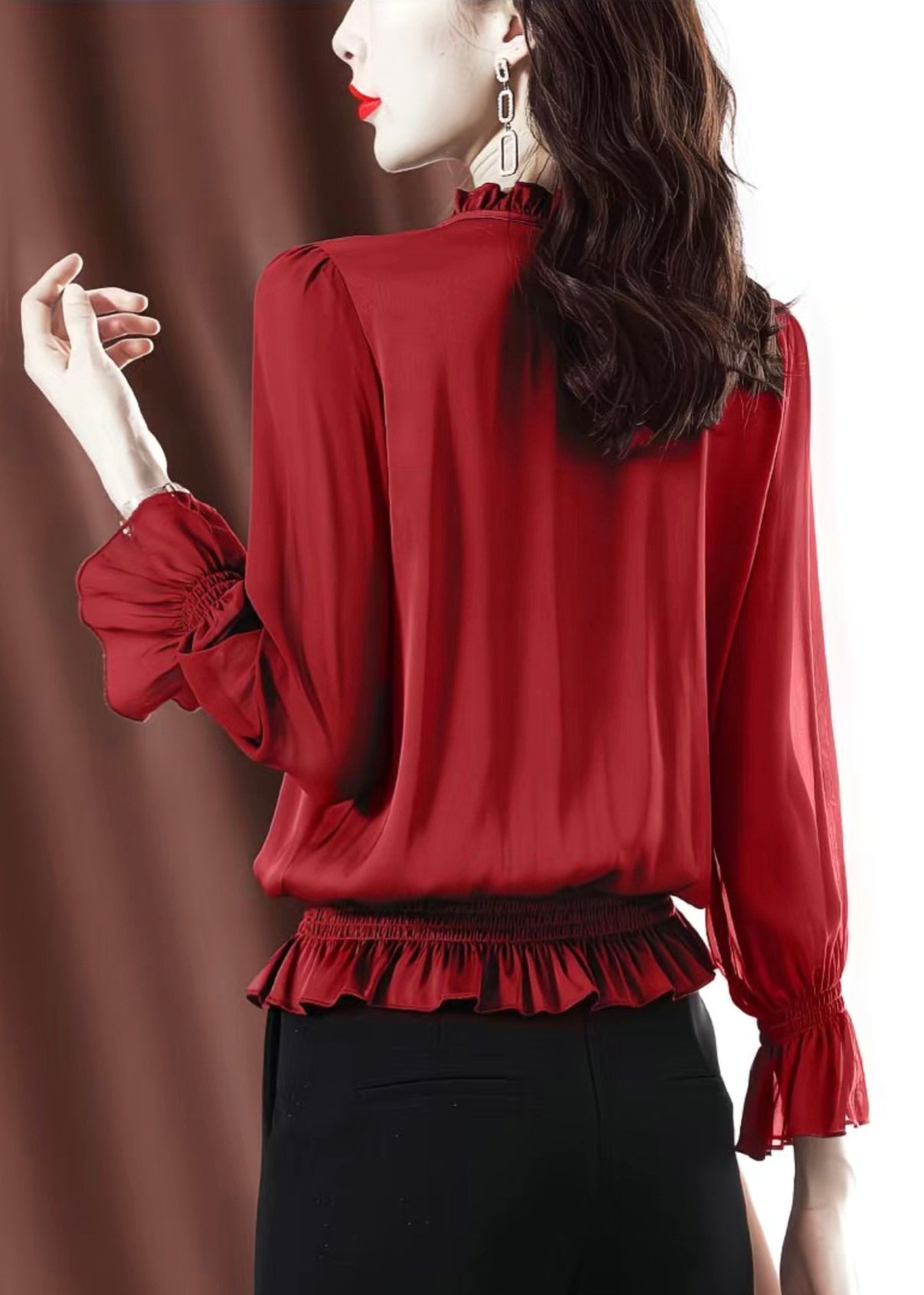 Red Lace Up Chiffon Shirt Ruffled Flare Sleeve