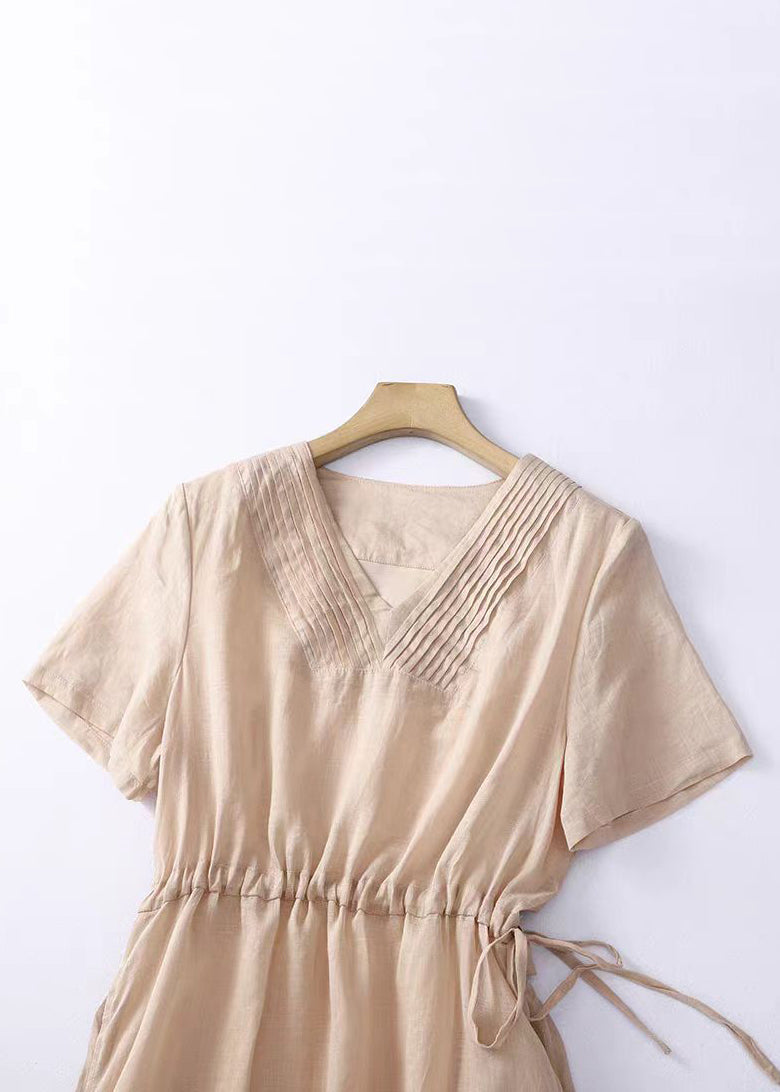 V Neck Lace Up Linen Dress Summer