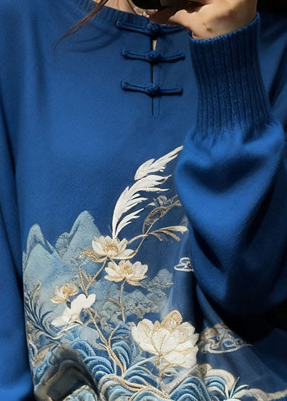 New Blue Embroidered Button Cozy Knit Sweaters Fall